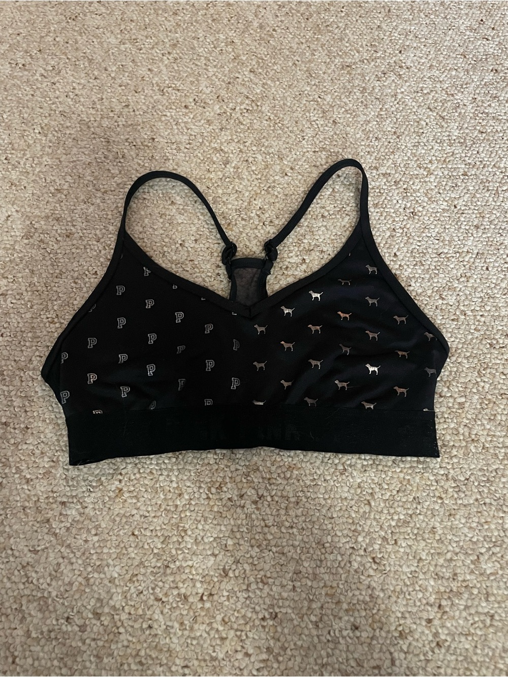 PINK Victoria's Secret Black Seamless Racerback Bralette with P & Dog Print
